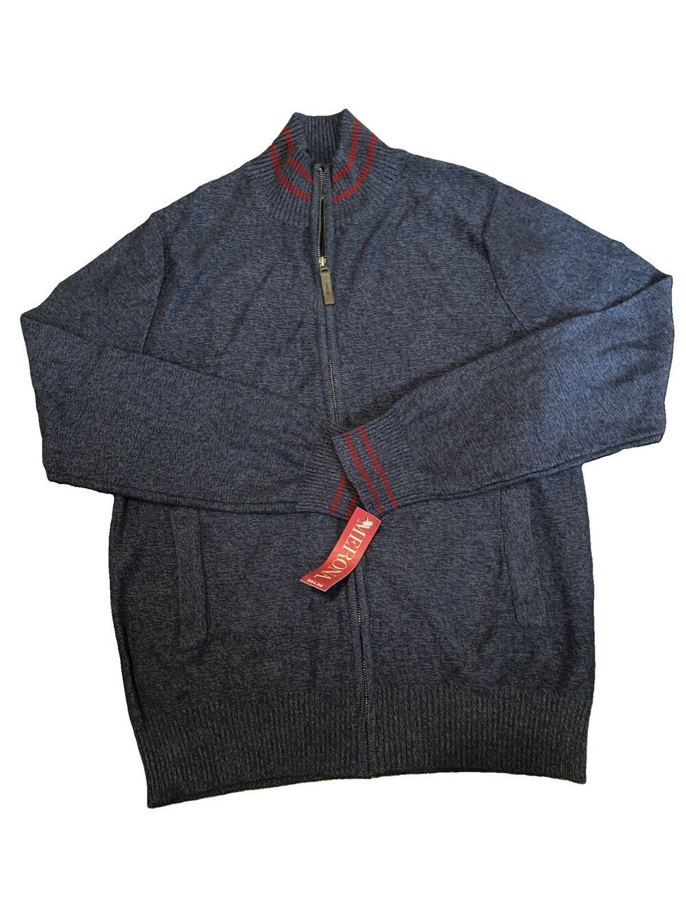 NWT Merona Mens Medium Full Zip Knit Sweater Jacket Marl Blue Red Stripe Collar